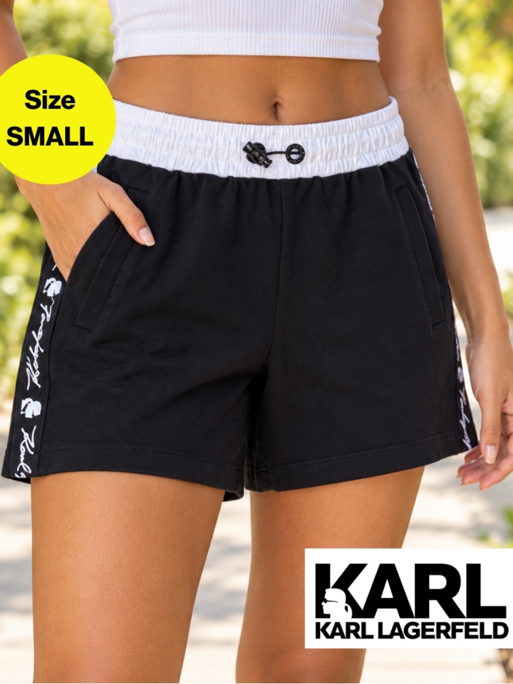 3/for $15 🍒 KARL LAGERFELD Black, White Athletic Shorts, Panel Logo (Size Small)